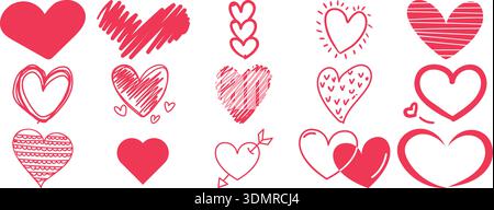 Hand Drawn Red Heart Doodle Collection – Romantic Love Sketches, Cute Heart Symbols and Expressive Heart Illustrations Set Stock Vector