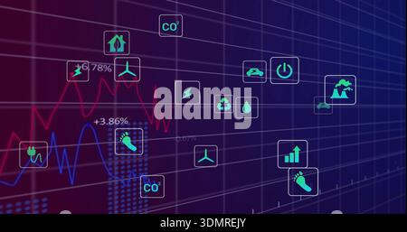 Displaying energy dashboard on virtual grid, showing red or blue line graphs, percentages, teal icon Stock Photo