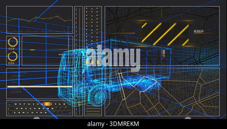 Displaying wireframe semi-truck occupying center in digital schematic, showing gauges keyboard map Stock Photo