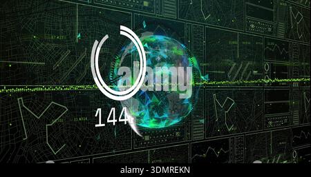 Rotating holographic globe showing progress ring, numeric 144 and green waveform in HUD Stock Photo
