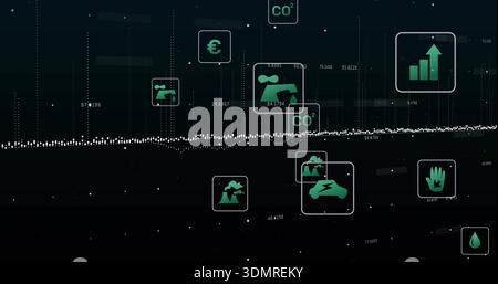 Displaying central white dotted waveform moving along dashboard, with green CO2, euro, water icons Stock Photo