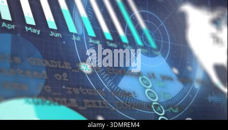 Displaying interactive HUD showing vertical bar chart, radar rings at virtual desktop, with globe Stock Photo