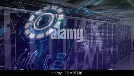 Displaying server rack row pulsing with holographic UI overlays in data center aisle, floating code Stock Photo