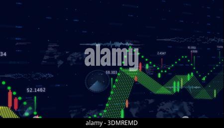 Displaying green dotted line chart centered on digital dashboard, with candles and numbers Stock Photo