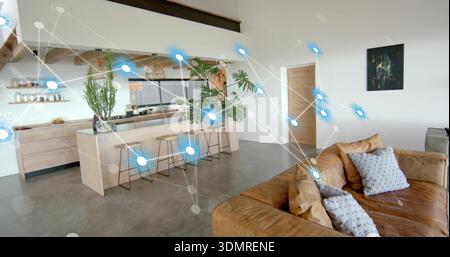 Showing brown leather sofa occupying right in open-plan kitchen with AR overlay, copy space Stock Photo