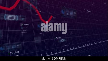 Displaying thick red trend line descending across digital dashboard, with floating HUD panels Stock Photo
