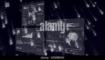 Streaming binary digits overlaying hologram dashboard panels showing charts and globe in cyberspace Stock Photo