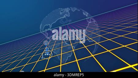 Floating wireframe globe hovering above neon grid plane, showing magenta or cyan lines with UI icons Stock Photo