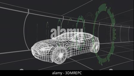 Rotating wireframe 3D car model sliding through curved virtual tunnel, with green HUD rings Stock Photo
