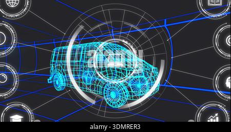 Displaying cyan wireframe van model centered in virtual dashboard, showing HUD rings and node links Stock Photo