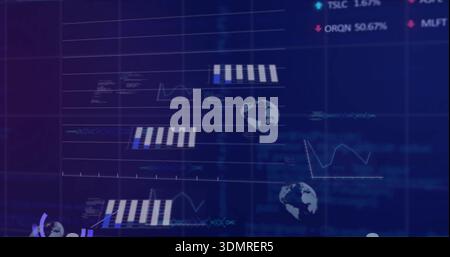 Displaying dashboard showing striped bar charts, line graphs on navy UI with globe icons Stock Photo