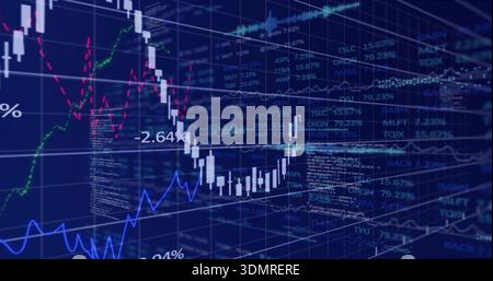 Displaying white candle bars rising on trading screen with blue, green, magenta lines and % labels Stock Photo