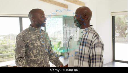 Standing man in camouflage uniform and man in plaid shirt sharing hug at home, holographic globe Stock Photo
