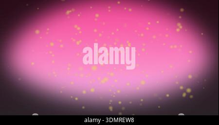 Glowing pink oval field radiating light in radial vignette background, scattering golden particles Stock Photo