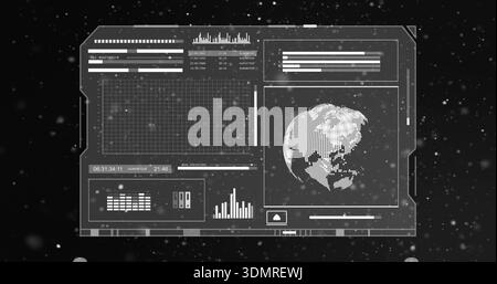 Displaying monochrome HUD panel hovering over dark starfield, with dotted globe and grid graph Stock Photo
