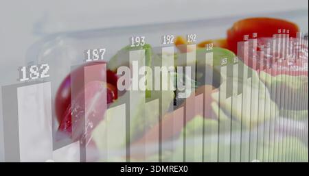 Combining sliced avocado with citrus and tomato over bar chart on studio set, numeric labels rising Stock Photo