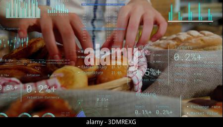 Arranging woman's hands handling rolls in basket at market, wearing light top with data overlays Stock Photo
