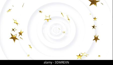 Spiraling concentric white rings forming vortex in abstract background, with shiny gold stars Stock Photo