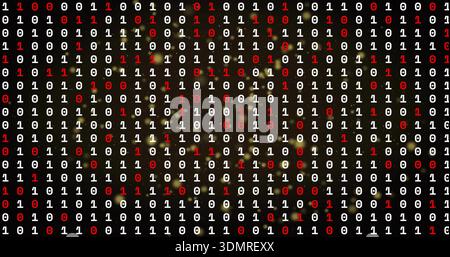 Displaying tiled binary grid filling frame, highlighting red digits over blurred gold backdrop Stock Photo