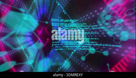 Displaying turquoise code block glowing and scrolling in virtual network, with hexagonal grid Stock Photo