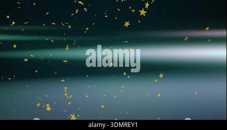 Shining gold stars and sparkles drifting over teal-deep-blue gradient with long light beam glowing Stock Photo