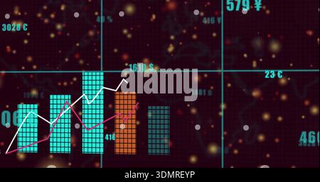 Displaying tiled bar columns with white and magenta lines on dark dashboard grid, showing markers Stock Photo