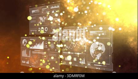 Displaying HUD panels floating in data space, showing charts, readouts, globe and lens-flare Stock Photo