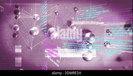 Rotating central cluster linking metallic spheres via thin lines in virtual canvas, with data bars Stock Photo