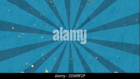 Radiating blue starburst covering abstract backdrop, showing grunge texture and gold star confetti Stock Photo