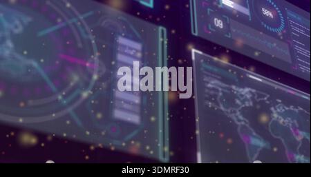 Floating translucent holographic panels showing HUD data in control room, with radar and world map Stock Photo