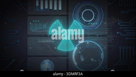 Displaying glowing cyan trefoil on virtual dashboard, showing HUD gauges, bar chart, telemetry Stock Photo