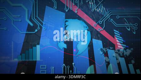 Displaying central globe over tall blue bars in virtual dashboard, with magenta line and red arrow Stock Photo