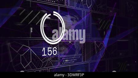Displaying white circular progress gauge over dotted Americas map with numeric readout 156 Stock Photo
