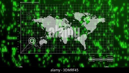 Displaying rectangular panel with dotted world map on digital screen, showing target radial lines Stock Photo