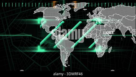 Showing world map graphic on digital dashboard, featuring glowing teal beams and pulsing nodes Stock Photo