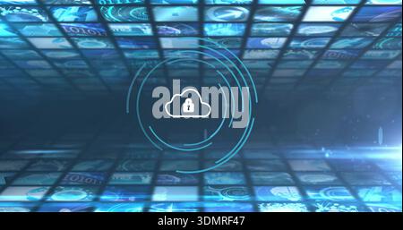 Glowing cloud with padlock floating in data tunnel, showing rings, binary globes, flare, particles Stock Photo