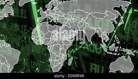 Showing translucent world map over dark market dashboard, displaying green line charts and arrows Stock Photo