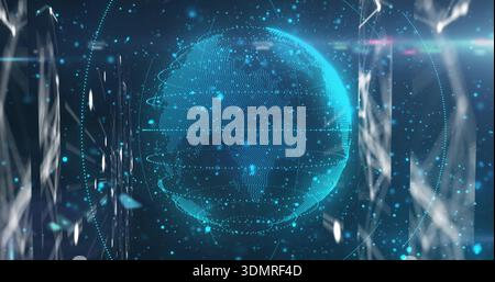 Floating cyan-blue holographic globe rotating within dark virtual studio, with rings and scan lines Stock Photo