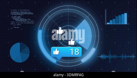 Displaying radar HUD showing rings and sweep in analytics HUD, with blue badge showing thumbs-up 18 Stock Photo