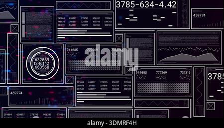 Displaying tiled data panels centered on dark starfield backdrop, showing circular gauge and logs Stock Photo