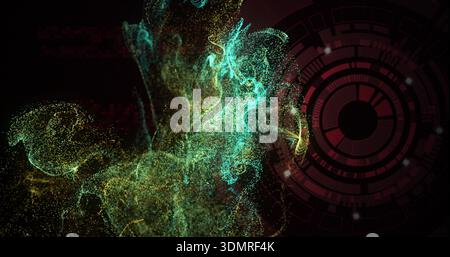 Swirling turquoise and green particle cloud moving across dark studio-like void, with HUD ring Stock Photo