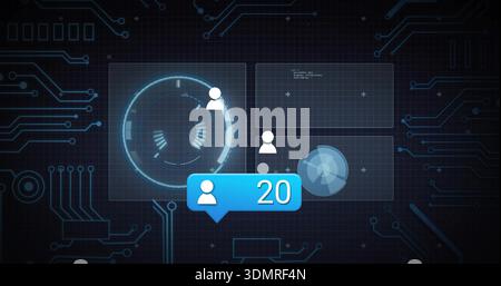 Displaying blue notification bubble with user silhouette 20 on futuristic dashboard, with HUD rings Stock Photo