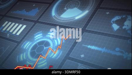Displaying glowing circular HUD with concentric rings on analytics dashboard, orange zigzag overlay Stock Photo