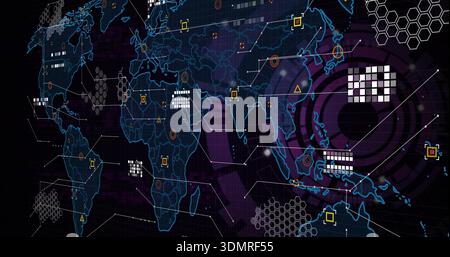 Displaying stylized map showing neon outlines, grid, hex mesh, links and nodes on dashboard Stock Photo