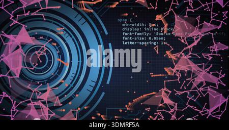 Displaying large concentric blue HUD rings rotating on dark navy grid, with radial ticks, pink mesh Stock Photo
