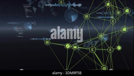 Displaying neon green network graph glowing on right in data dashboard, with hex icons, copy space Stock Photo