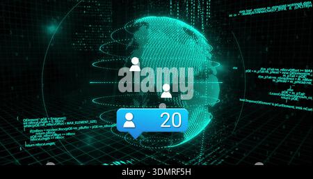 Rotating wireframe globe showing three user icons in virtual grid, displaying blue 20 badge Stock Photo