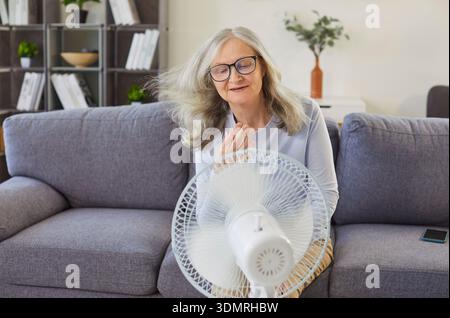 Senior woman feeling warm cooling herself with fan, room climate problem, uncomfortable to relief Stock Photo