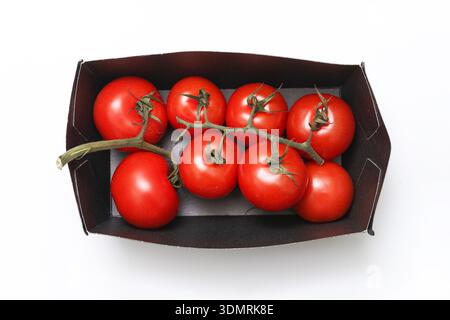 Fresh tomatoes in black cardboard tray isolated on white background. Organic vegetables and healthy food ingredient closeup concept. Stock Photo