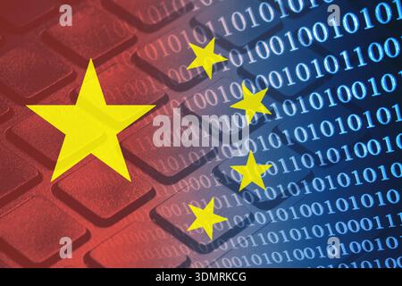 China flag over binary code background. Digital technology and cybersecurity concept with asian data network and electronic communication theme. Stock Photo